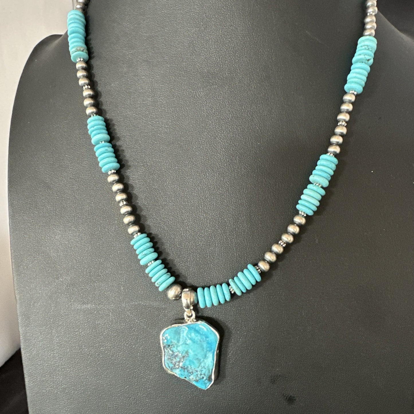 Blue Kingman Turquoise 2 Sided Pendant Navajo Sterling Native Necklace 20" 19516