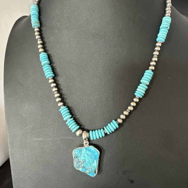 Blue Kingman Turquoise 2 Sided Pendant Navajo Necklace 20" | Sterling Silver | Authentic Native American Handmade | 19516