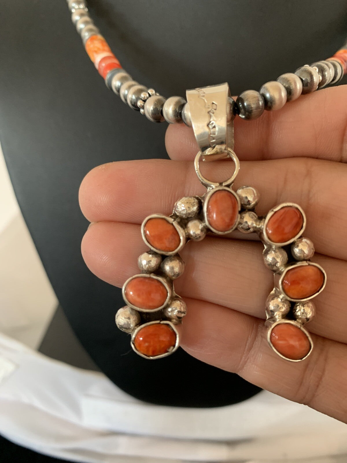 Red Spiny Oyster Naja Pendant Navajo Pearls Sterling Silver Necklace 00284
