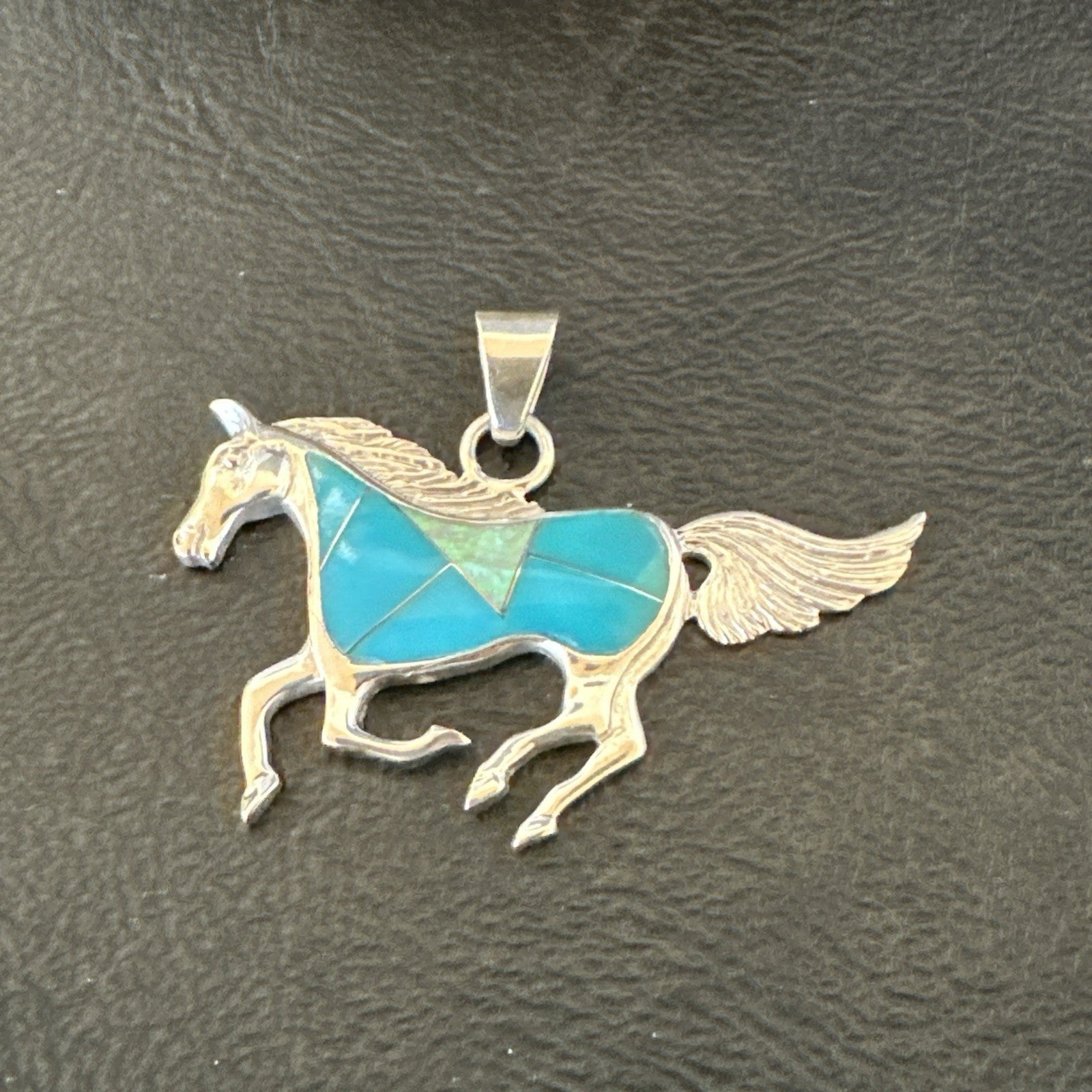 Horse Inlay Southwestern Cowboy Blue Turquoise Sterling Silver Pendant 2” 19160
