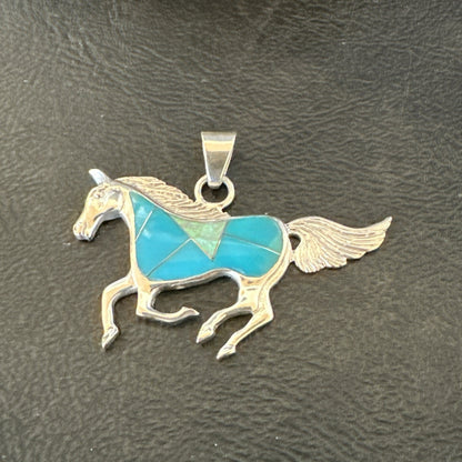 Horse Inlay Southwestern Cowboy Blue Turquoise Sterling Silver Pendant 2” 19160