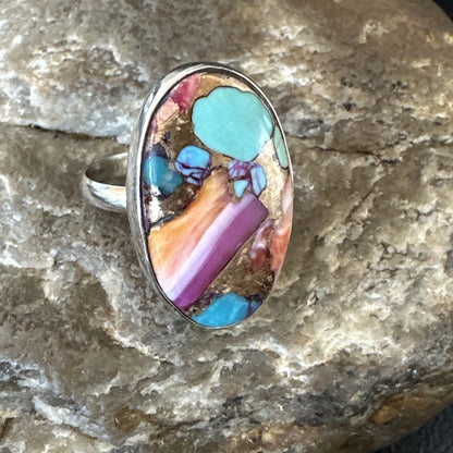 Blue Turquoise Spiny Oyster Navajo Sterling Silver Ring Size 8 18234