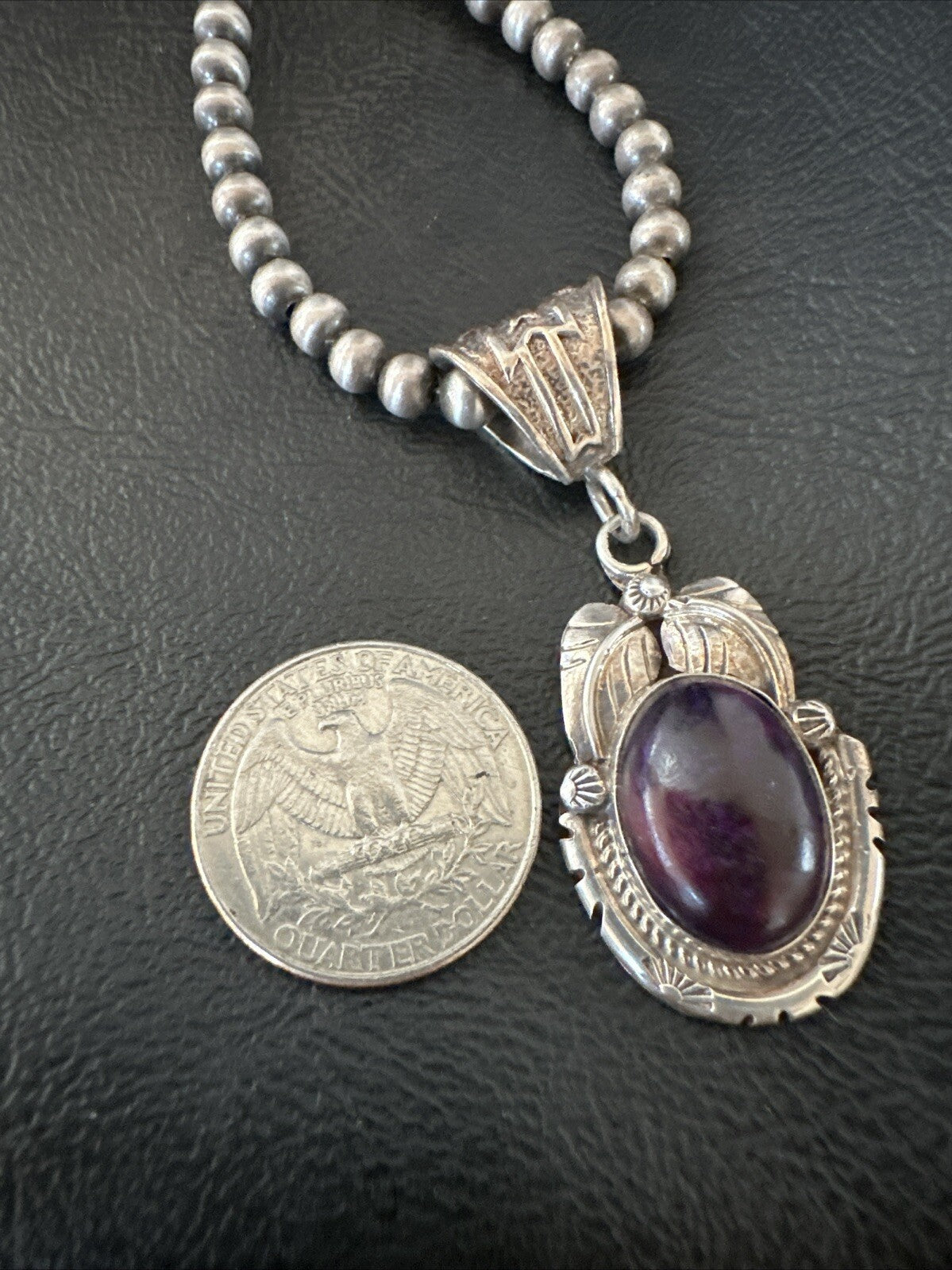 Purple Stone Pendant Navajo Pearls Sterling Silver Necklace 20” 18392