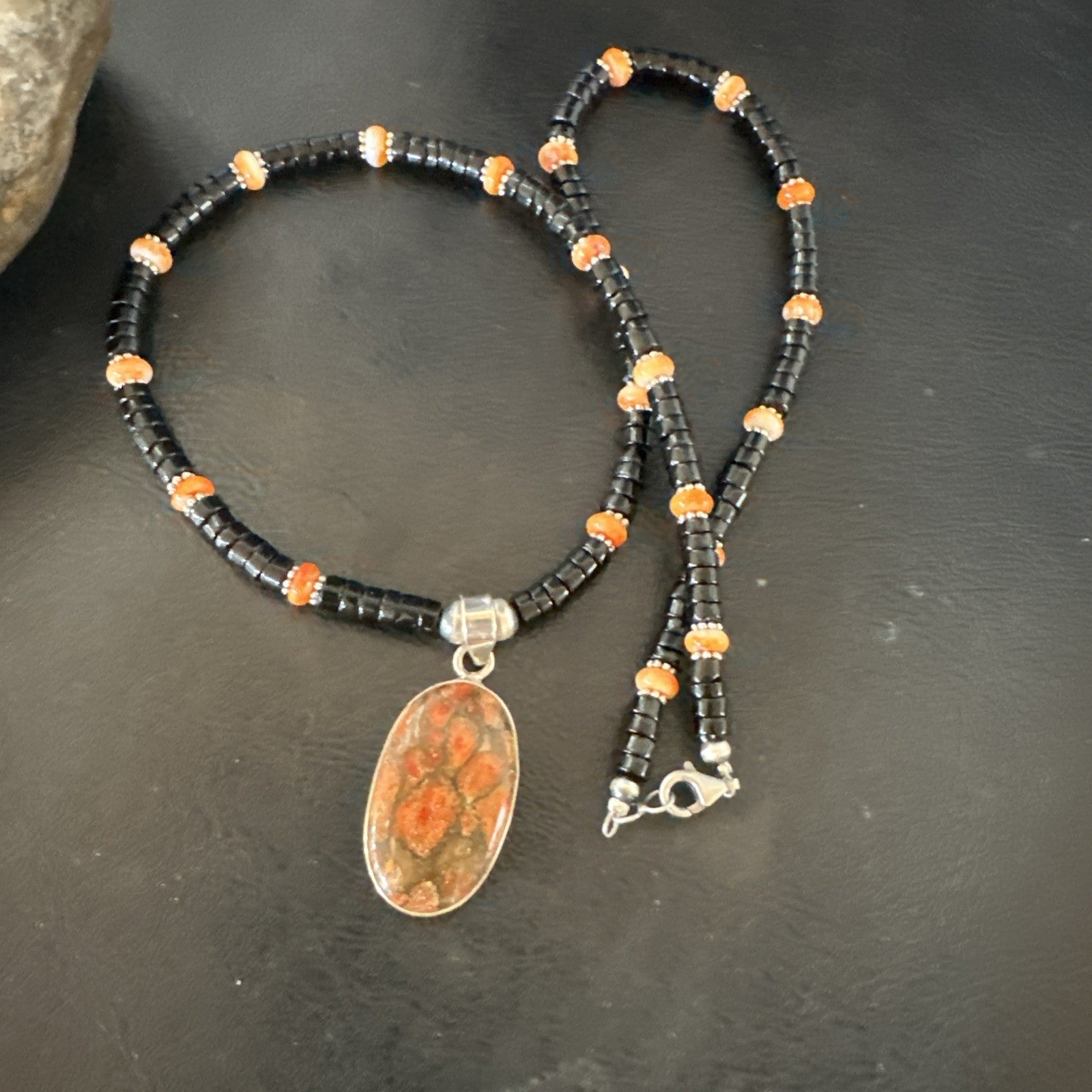 Orange Spiny Black Onyx Navajo Sterling Silver Pendant Necklace 20” 19638