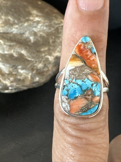 Blue Turquoise Orange Spiny Oyster Navajo Sterling Silver Ring Size 6 18211