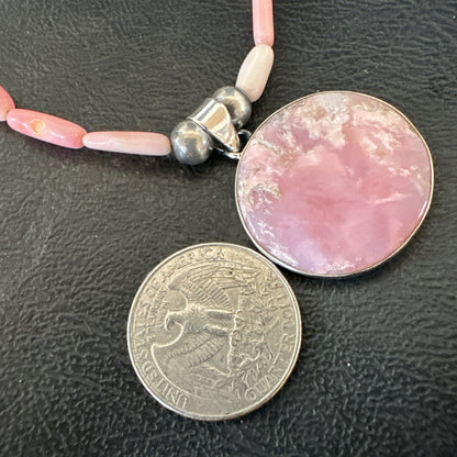 Southwestern Sterling Silver Pink Coral Bead Necklace Quartz Pendant 24" 19588