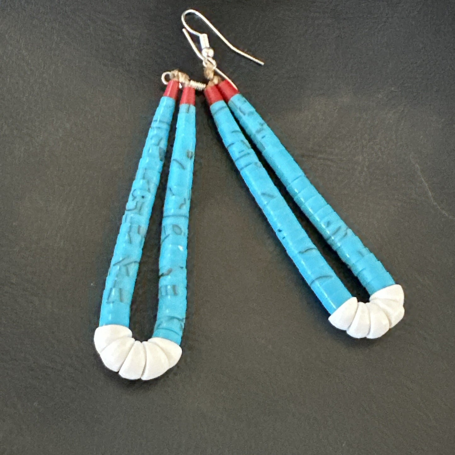 Blue Turquoise White Santo Domingo Sterling Silver Dangle Earrings 2.75” 18164