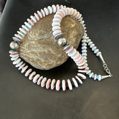 Pink Queen Conch Turquoise Graduated Navajo Sterling Silver Necklace 24” 19016