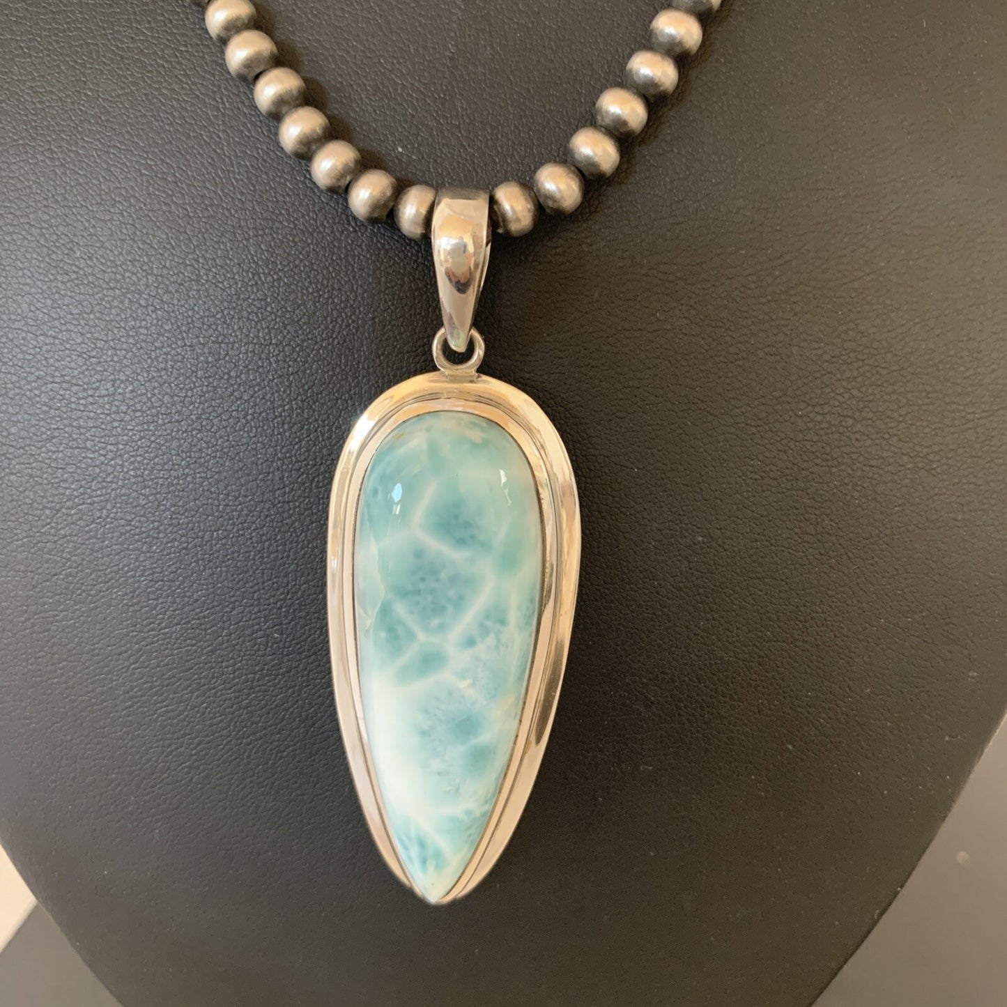 Womens Blue Larimar Pendant Navajo Sterling Silver Beads Necklace 01766