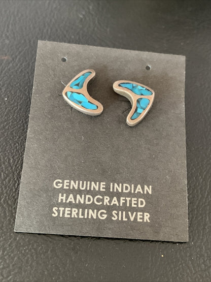 Womens Chip Inlay Earrings Navajo Blue Turquoise Sterling Silver Stud 0.5" 13111