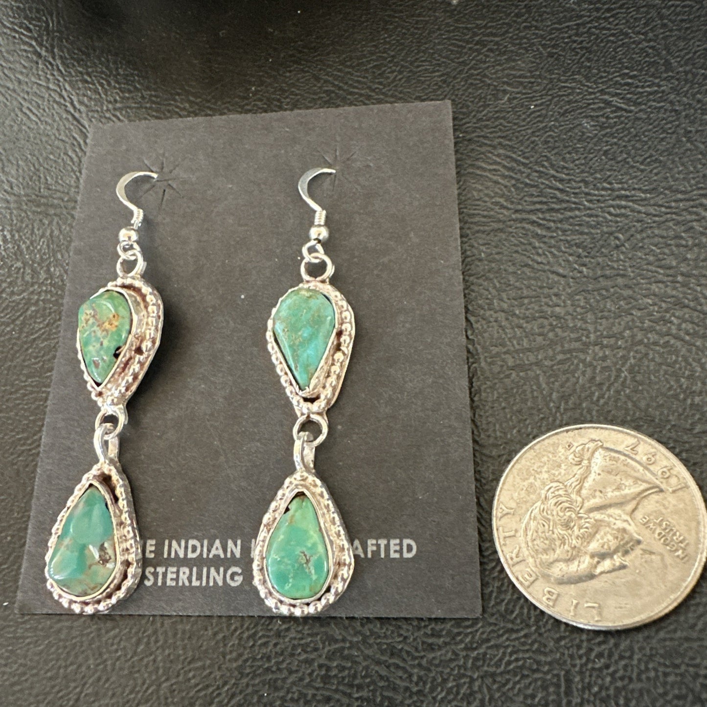 Green Royston Turquoise Navajo Sterling Silver Dangle Earrings 19404