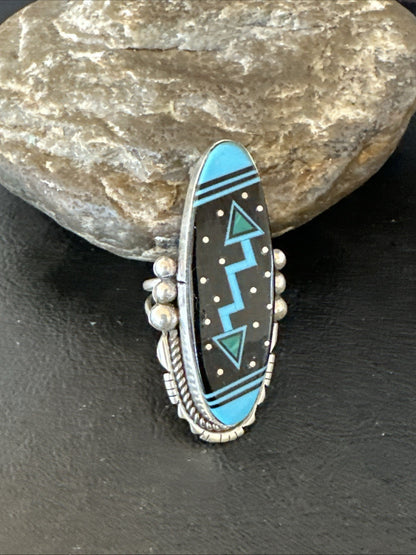 Cosmic Inlay Black Onyx Blue Turquoise Navajo Sterling Silver Ring Sz 9.5 19790