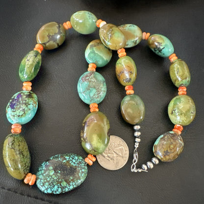 Blue Green Turquoise Spiny Chunky Navajo Sterling Silver Necklace 22” 19253