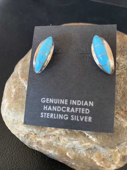 Southwestern Zuni Blue Turquoise Sterling Silver Inlay Hoop Earrings 0.75" 13023