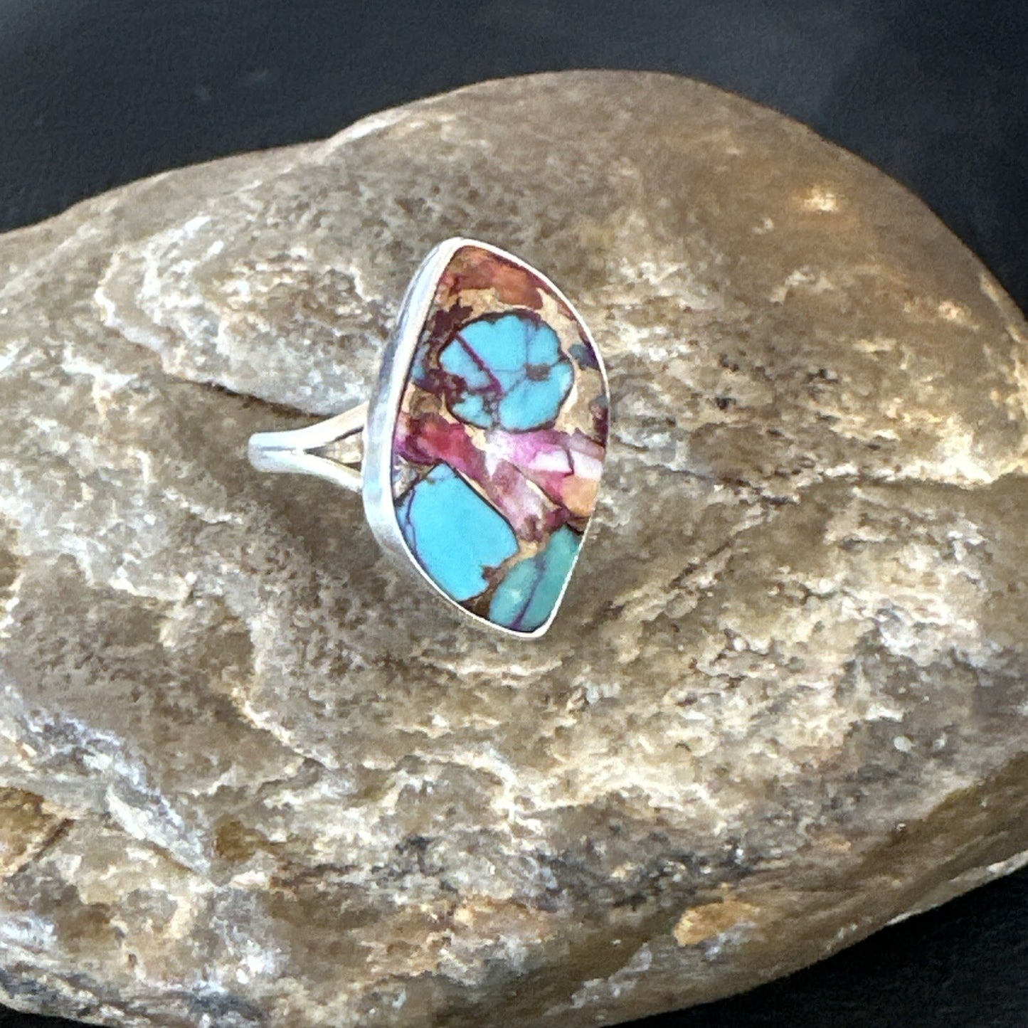 Blue Turquoise Spiny Oyster Navajo Sterling Silver Ring Size 7.5 18235
