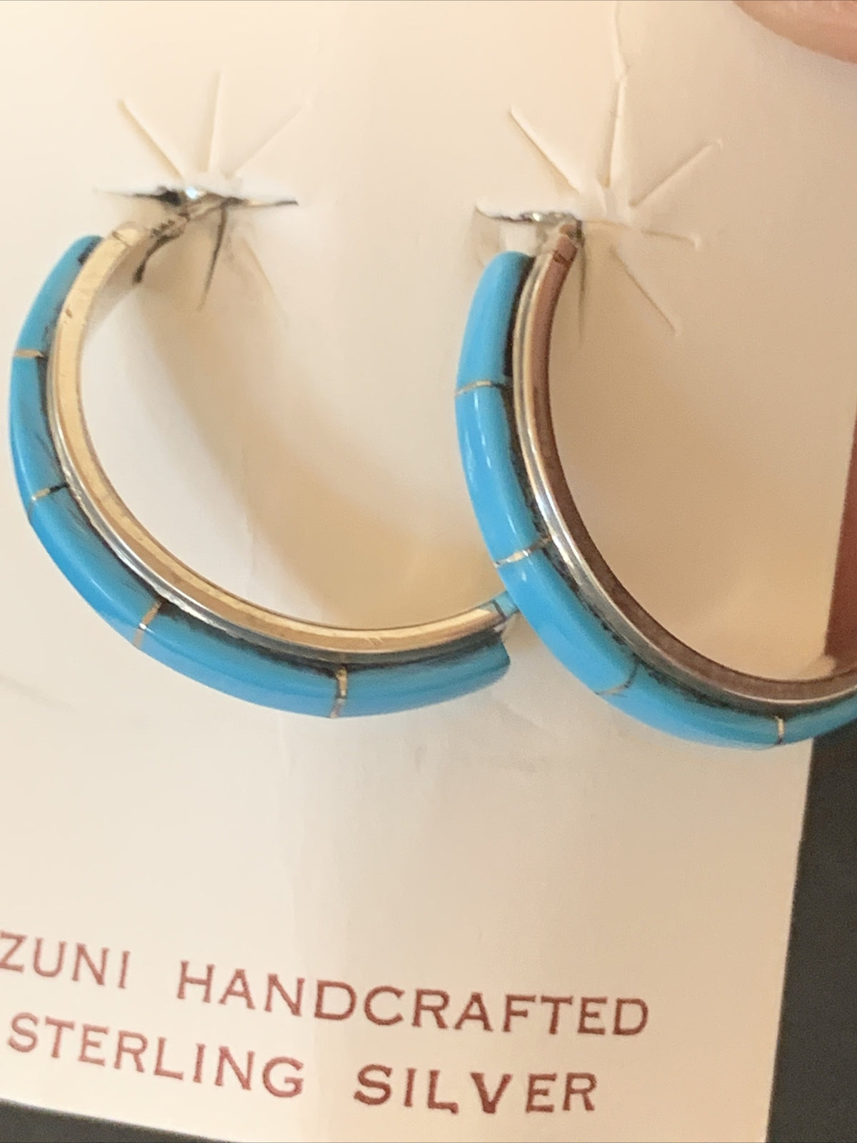 Sleeping Beauty Turquoise Zuni Sterling Silver Inlay Earrings 1610