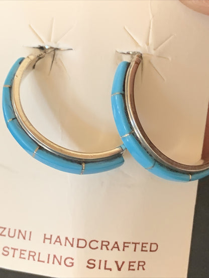 Sleeping Beauty Turquoise Zuni Sterling Silver Inlay Earrings 1610