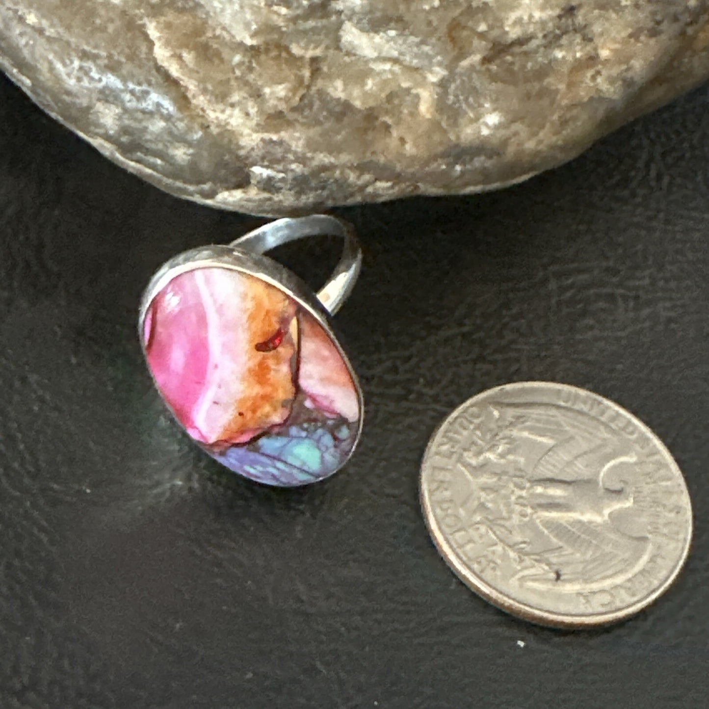Blue Turquoise Spiny Oyster Southwestern Sterling Silver Ring Size 8 18438
