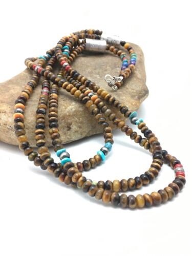 Navajo Tiger's Eye & Turquoise 3 Strand Necklace Sterling Silver 26" 4174