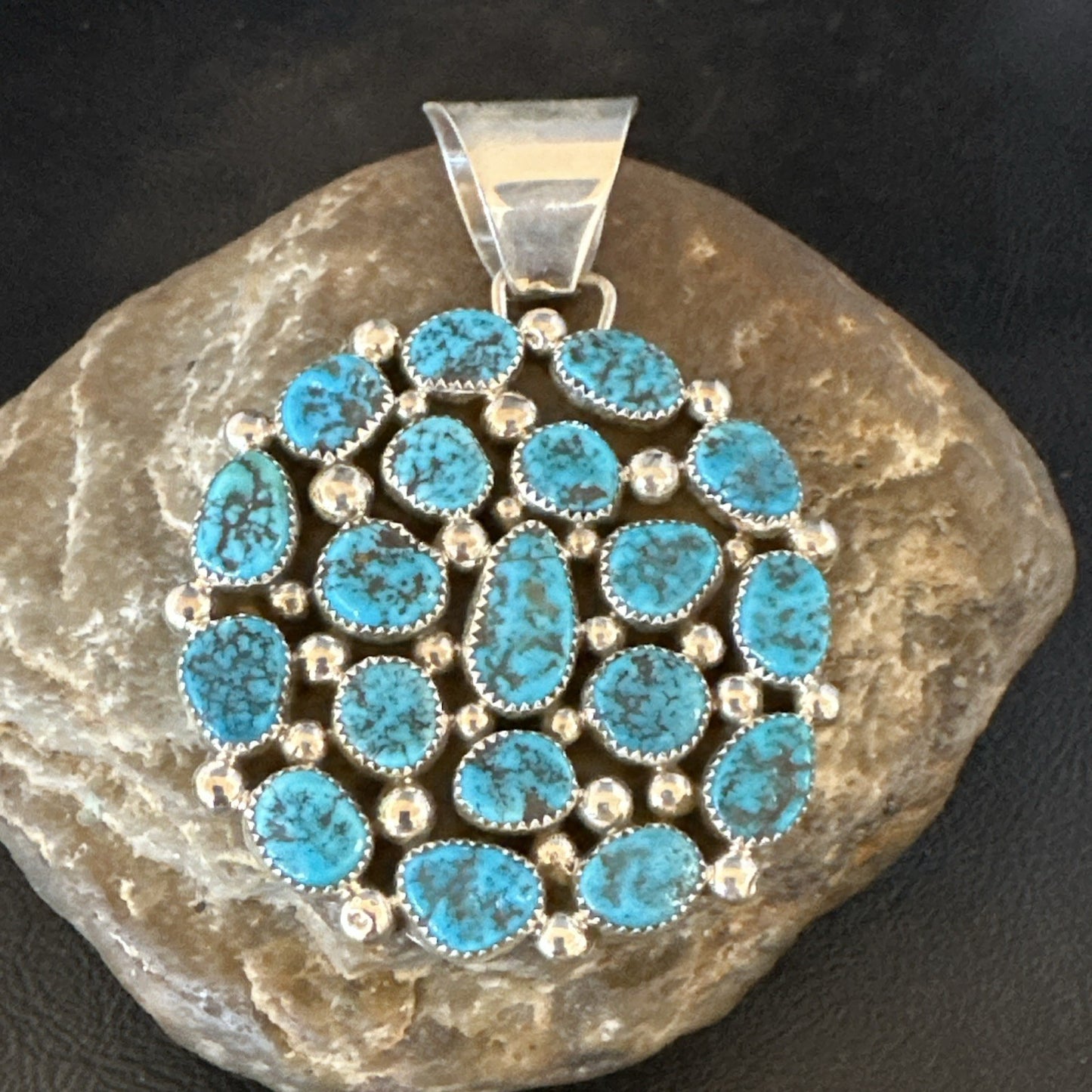 Cluster Kingman Turquoise Navajo Sterling Silver Necklace Pendant 2.75” 19082