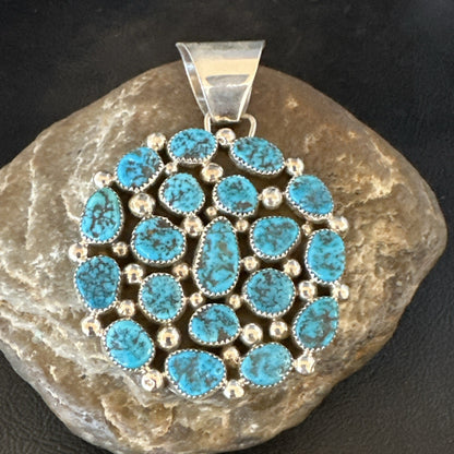 Cluster Kingman Turquoise Navajo Sterling Silver Necklace Pendant 2.75” 19082