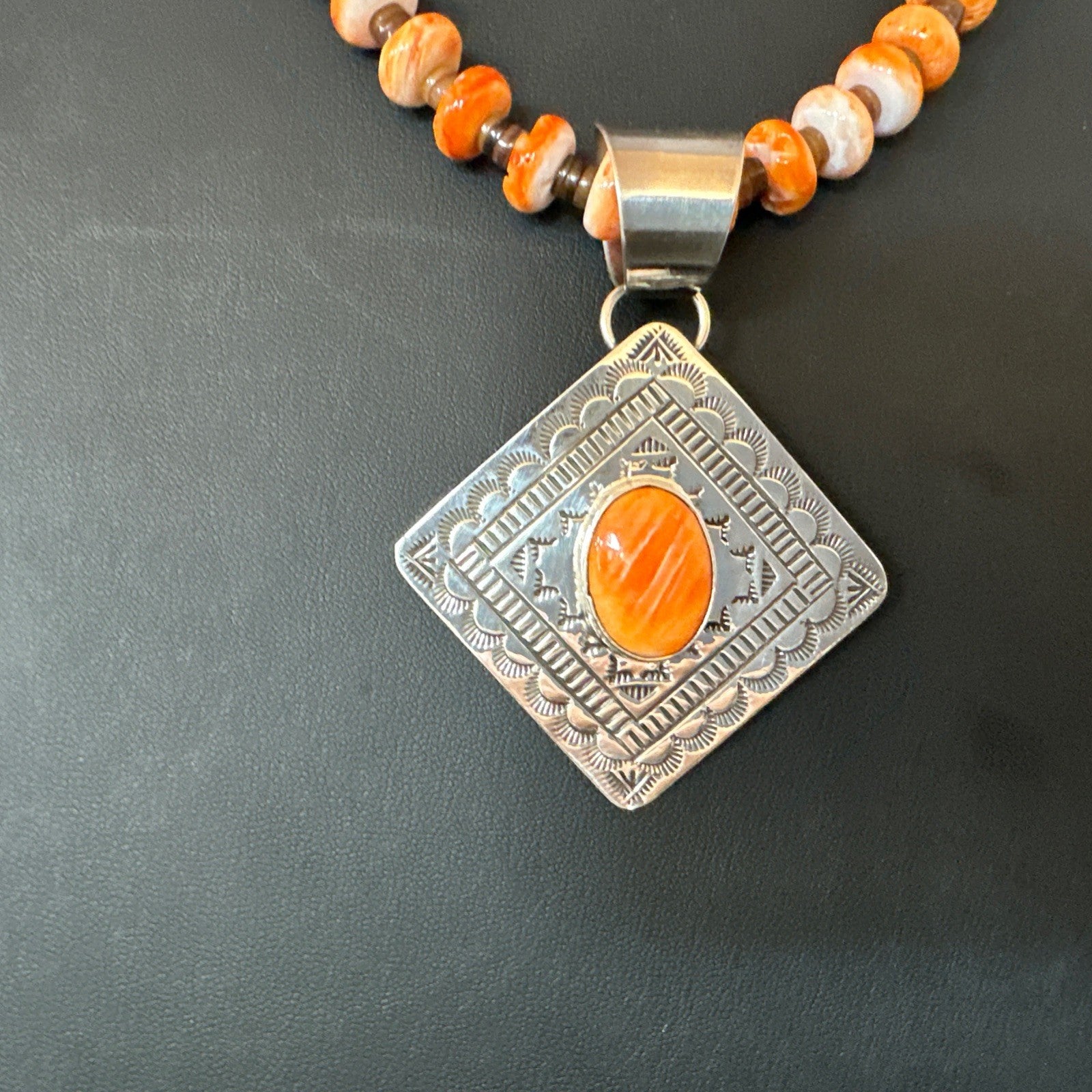 H Joe Orange Spiny Oyster Pendant Navajo Sterling Silver Necklace 19481