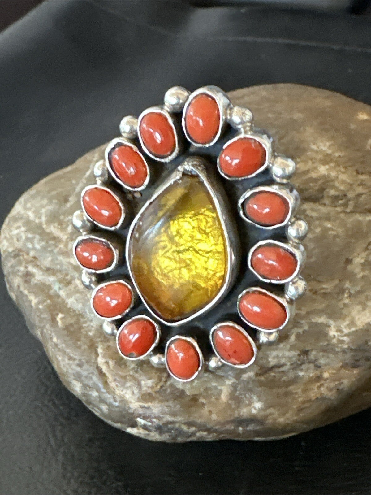 Golden Amber Red Coral Navajo Sterling Silver Cluster Ring Size 6 18563