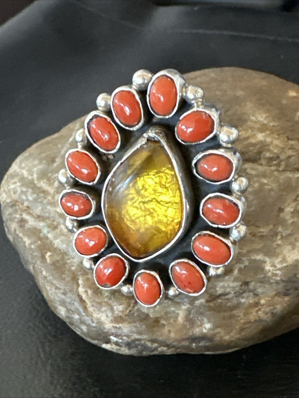 Golden Amber Red Coral Navajo Cluster Ring Size 6 | Sterling Silver | Authentic Native American Handmade | 18563