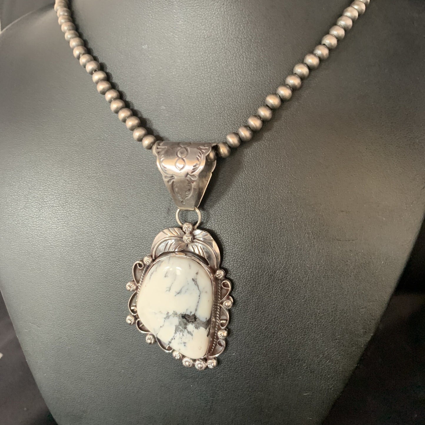 White Buffalo Turquoise Pendant Necklace Sterling Silver Navajo 13993