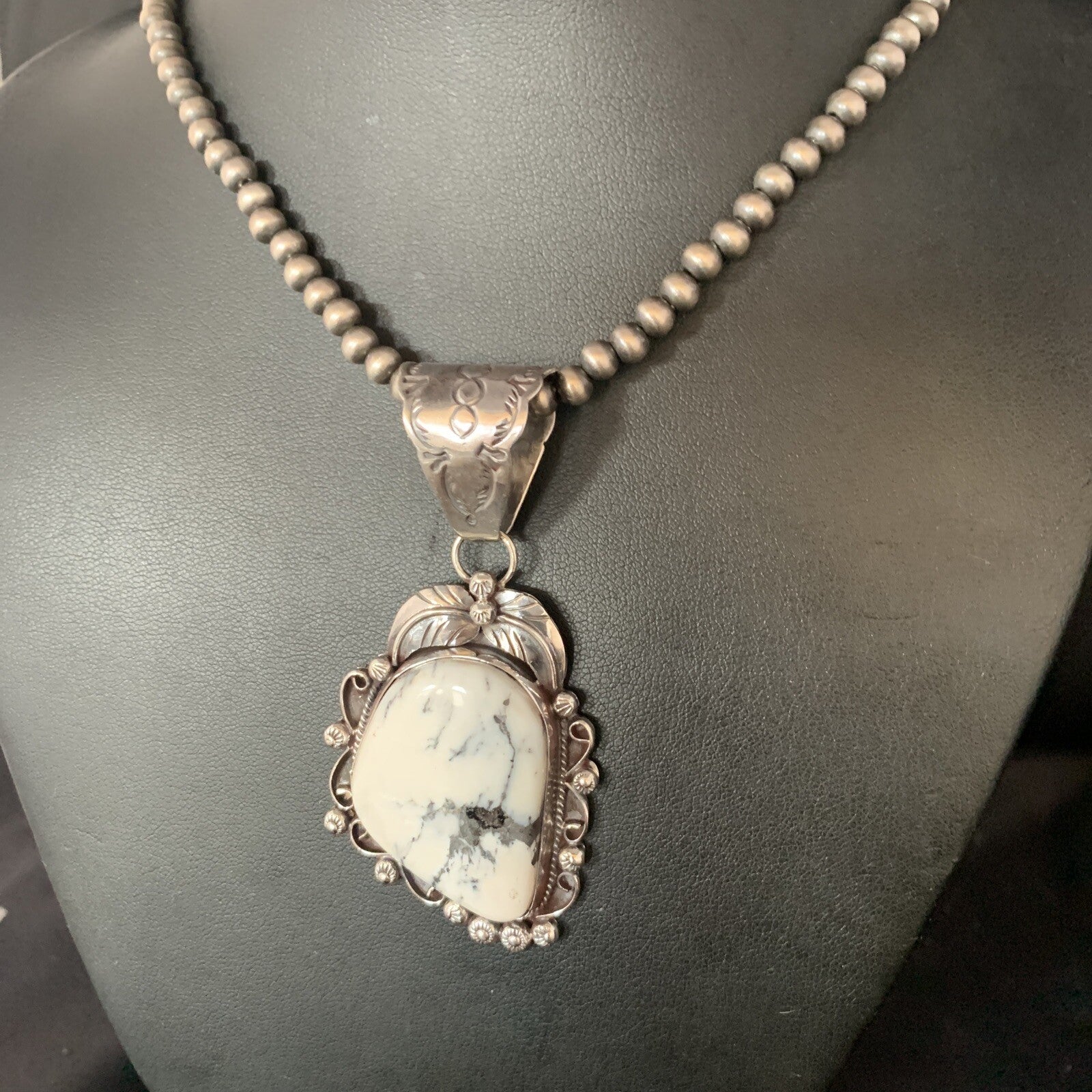 White Buffalo Turquoise Pendant Necklace Sterling Silver Navajo 13993