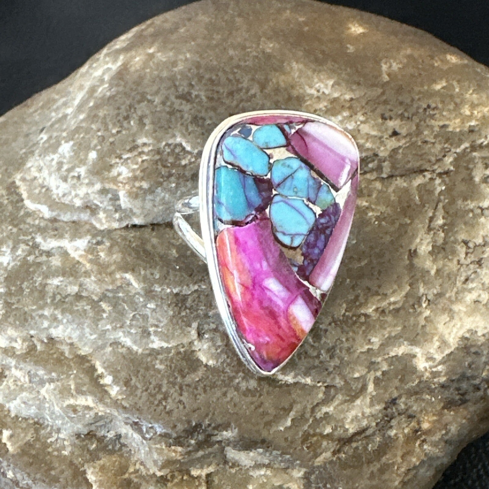Blue Turquoise Spiny Oyster Navajo Sterling Silver Ring Size 7 18254
