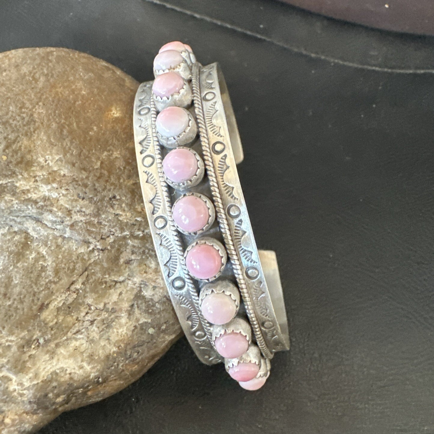 Navajo Pink Conch Cluster Sterling Silver Cuff Bracelet 18854