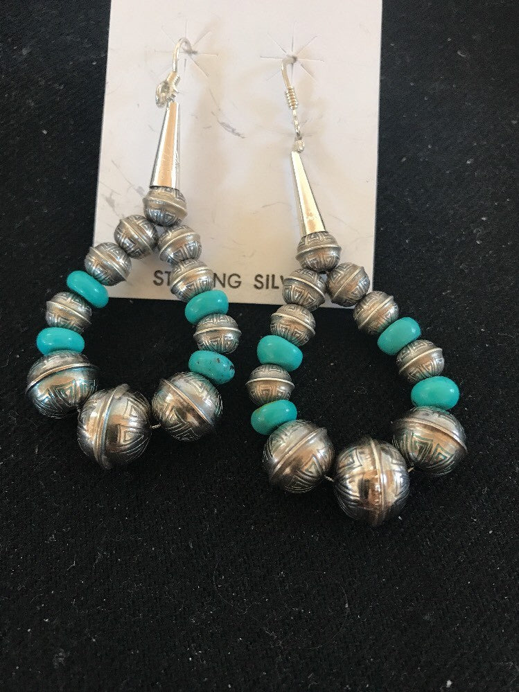 Native Sterling Silver Stamped Turquoise Bead Earrings 10090