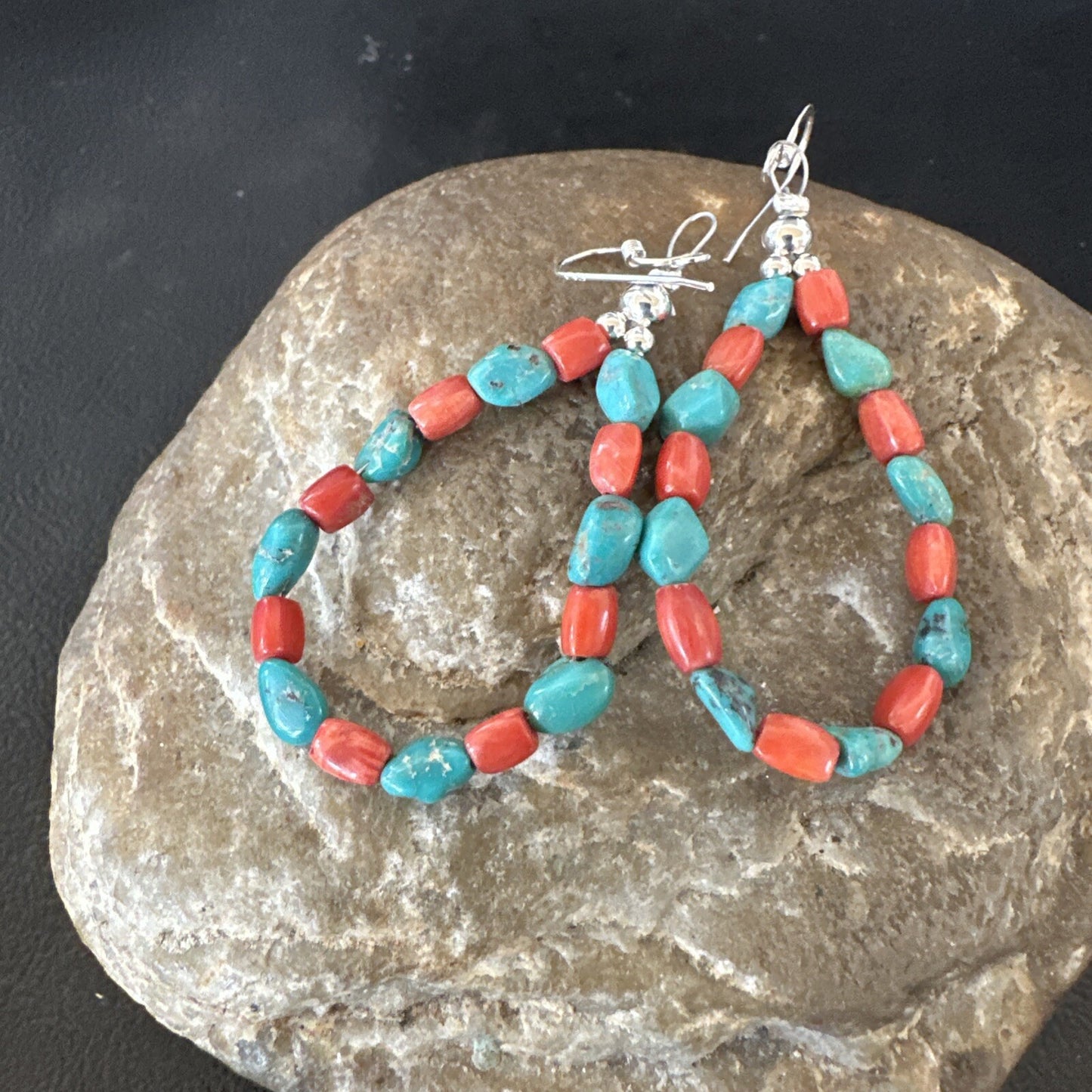Blue Turquoise Coral Navajo Sterling Silver Earrings 2” 18834