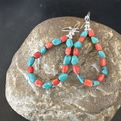 Blue Turquoise Coral Navajo Sterling Silver Earrings 2” 18834