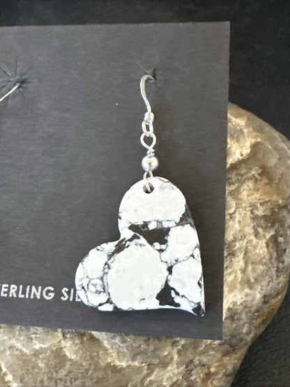 Heart Navajo Slab White Buffalo Turquoise Sterling Silver Earrings 17879