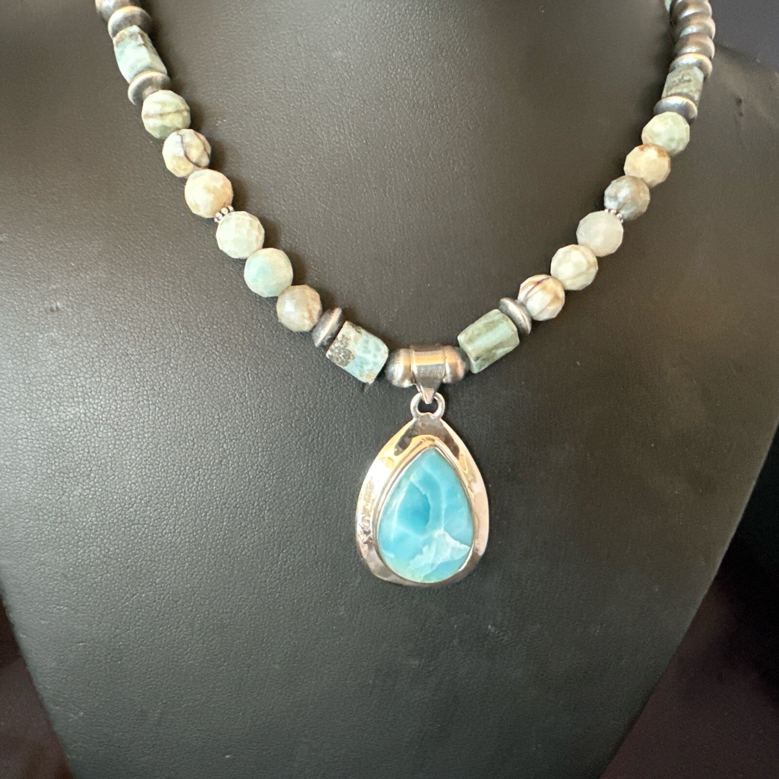 Blue Larimar Pendant Navajo Sterling Silver Natural Necklace 21" 17760