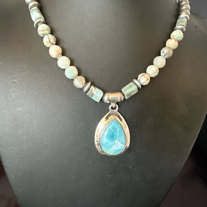 Blue Larimar Pendant Navajo Sterling Silver Natural Necklace 21" 17760