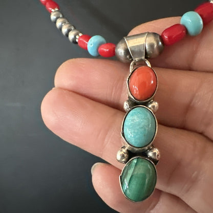 Multicolor Turquoise Coral Navajo Sterling Silver Cluster Pendant Necklace 19654
