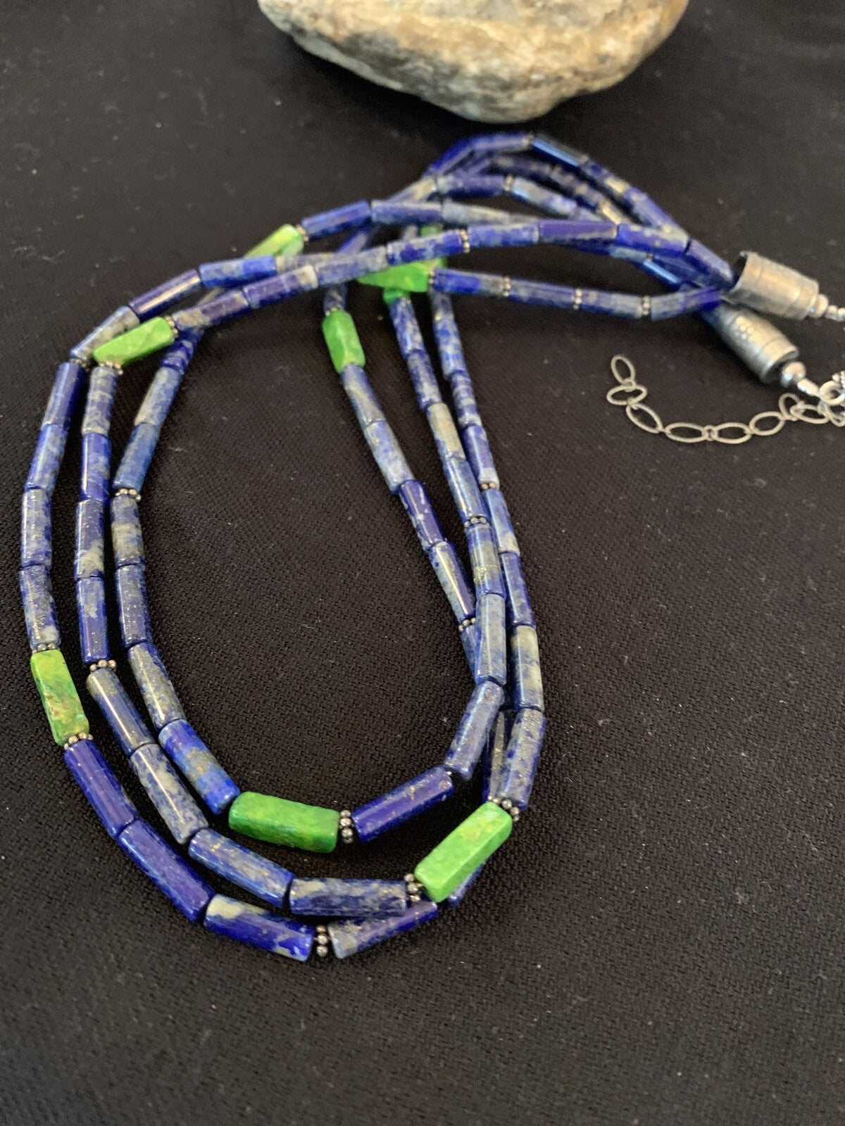 Mens Navajo Lapis Green Turquoise 3 Strands Sterling Silver 21" Necklace 8370