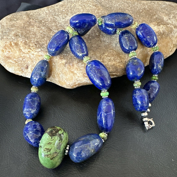 Green Turquoise Lapis Chunky Southwestern Necklace 21" | Sterling Silver | Authentic Native American Handmade | 19257