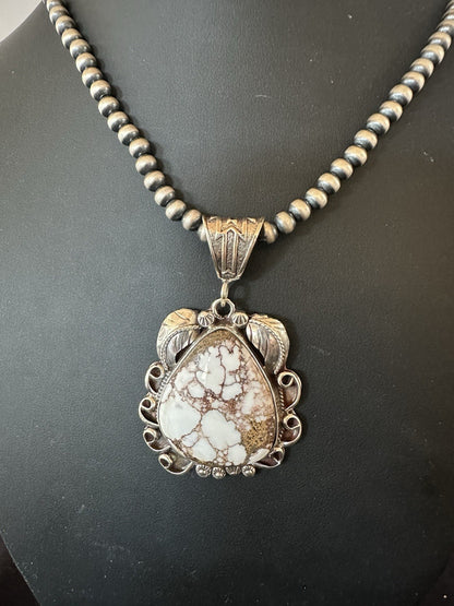Navajo Pearls Sterling Silver Wild Crazy Horse Turquoise Necklace Pendant 19390