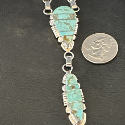 Inlay Blue Turquoise#8 Navajo Sterling Silver Lariat Necklace Earrings 24” 17770