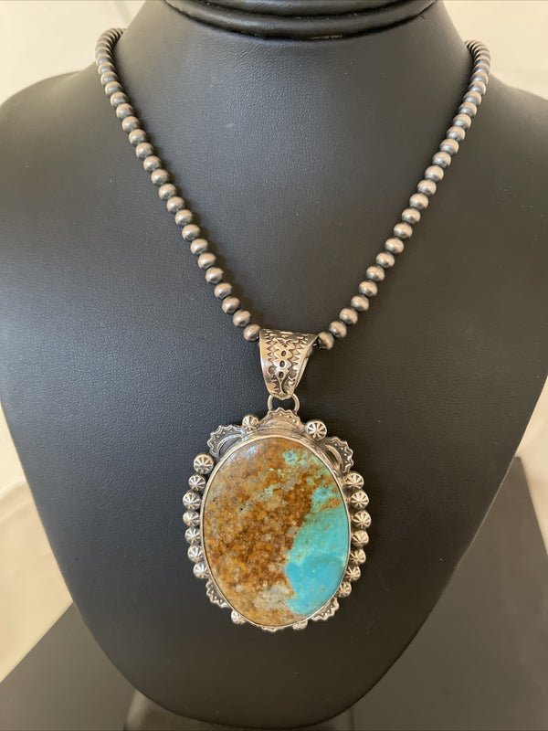 Blue Kingman Turquoise Pendant Navajo Pearls Necklace | Sterling Silver | Authentic Native American Handmade | 01310