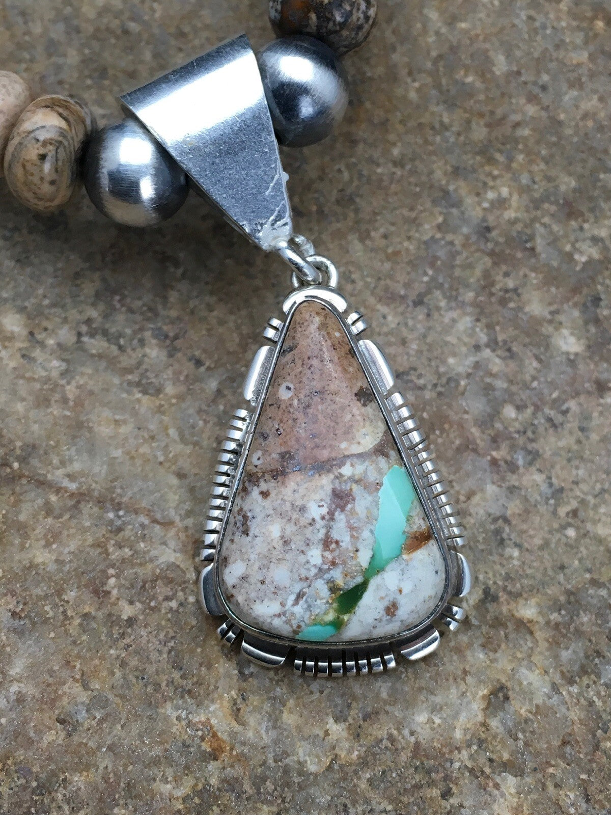 Green Turquoise & Picture Jasper Navajo Sterling Silver Necklace 02611