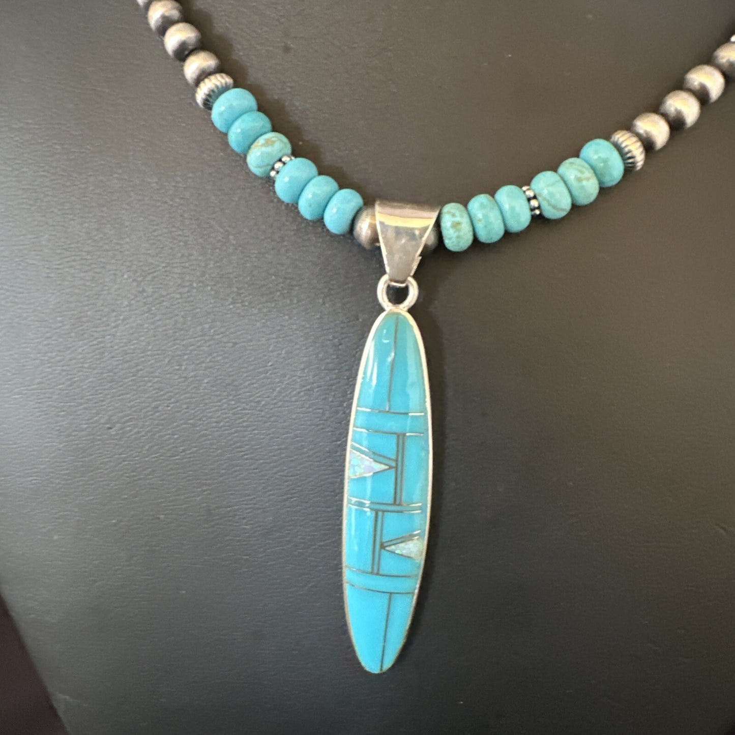 Blue Turquoise Pendant Navajo Pearls Sterling Silver Necklace 15425