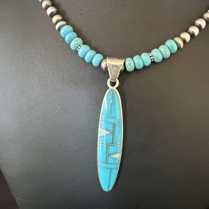 Blue Turquoise Pendant Navajo Pearls Sterling Silver Necklace 15425