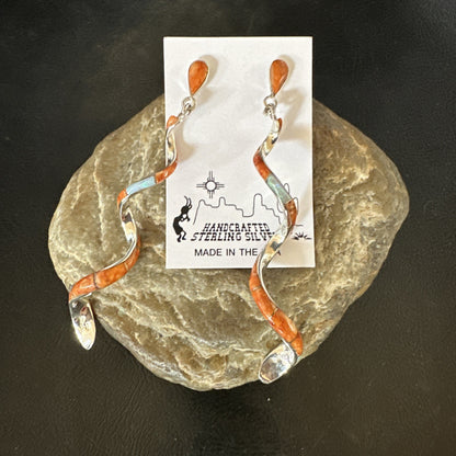 Orange Spiny Oyster Opal Sterling Silver Swirl Dangle Earrings 3" 19134