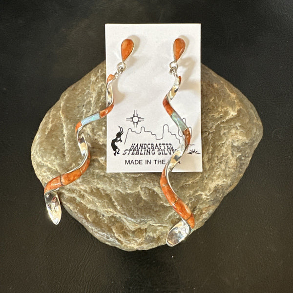 Orange Spiny Oyster Opal Swirl Dangle Earrings 3" | Sterling Silver | Authentic Native American Handmade | 19134