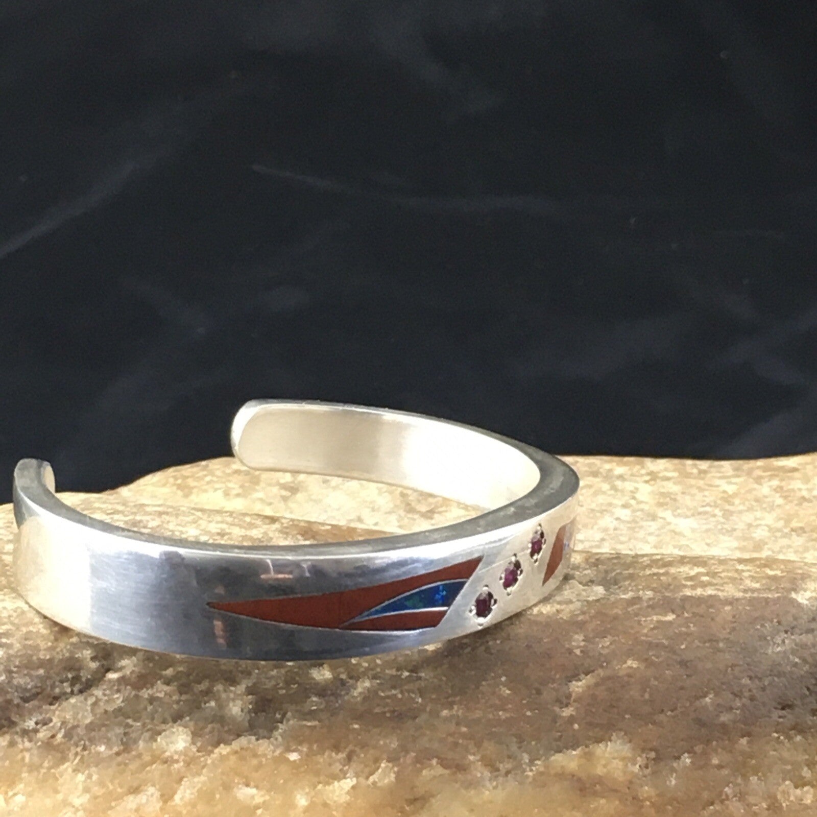Coral, Lapis Ruby Navajo Sterling Silver Inlay Bracelet 1982